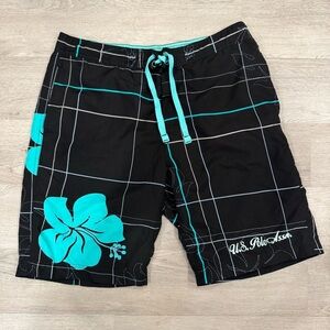 Polo Association Men’s Swim Trunks Teal And Black Plaid With Hibiscus Size Large